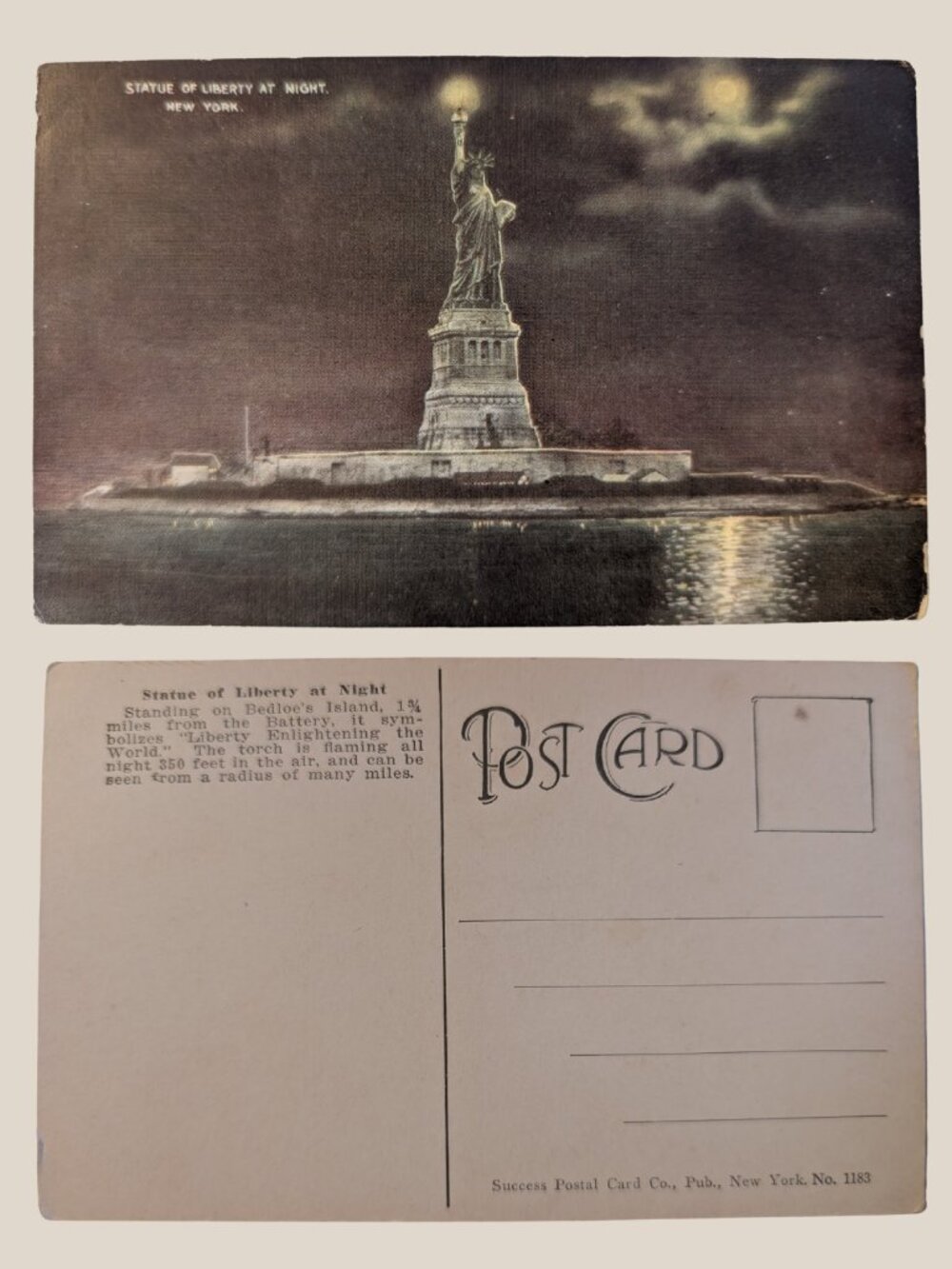 5/$25 Vintage Unused Statue of Liberty at Night New York City Postcard
